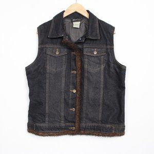 St. John's Bay Black Light-wash Denim Brown Faux Fur Trim Vest